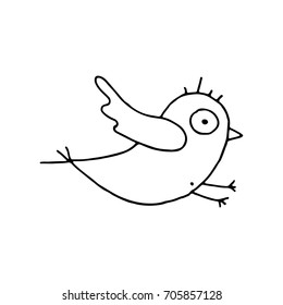 Linear cartoon hand drawn bird silhouette. Cute vector black and white bird silhouette. Isolated monochrome doodle bird silhouette on white background.