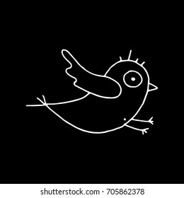 Linear cartoon hand drawn bird silhouette. Cute vector black and white bird silhouette. Isolated monochrome doodle bird silhouette on black background.
