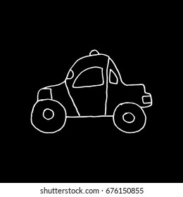 Linear cartoon hand drawn car. Cute vector black and white car doodle. Isolated monochrome car object on black background.