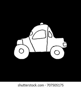 Linear cartoon hand drawn car. Cute vector black and white car doodle. Isolated monochrome car object on black background.