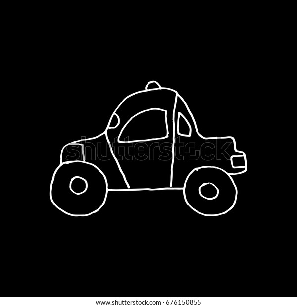 Linear cartoon hand drawn car. Cute vector
black and white car doodle. Isolated monochrome car object on black
background.
