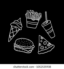Linear cartoon hand drawn fast food collection. Cute vector black and white fast food collection. Isolated monochrome doodle fast food collection on black background.