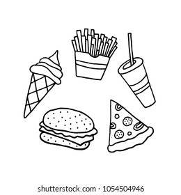 Linear cartoon hand drawn fast food set. Cute vector black and white fast food set. Isolated monochrome doodle fast food set on white background.