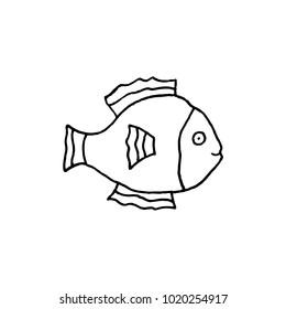 Linear cartoon hand drawn fish symbol. Cute vector black and white fish symbol. Isolated monochrome doodle fish symbol on white background.