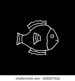 Linear cartoon hand drawn fish symbol. Cute vector black and white fish symbol. Isolated monochrome doodle fish symbol on black background.