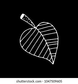 Linear cartoon hand drawn leaf drawing. Cute vector black and white leaf drawing. Isolated monochrome doodle leaf drawing on black background.