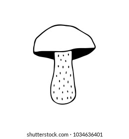 Linear cartoon hand drawn mushroom. Cute vector black and white doodle mushroom. Isolated monochrome mushroom object on white background.