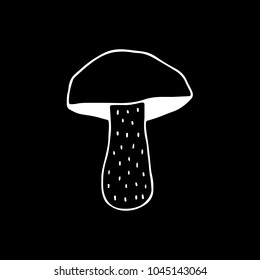 Linear cartoon hand drawn mushroom. Cute vector black and white doodle mushroom. Isolated monochrome mushroom drawing on black background.