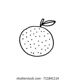 Linear cartoon hand drawn orange. Cute vector black and white orange doodle. Isolated monochrome orange silhouette on white background.