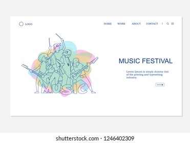 linear cartoony silhouettes of young people who sing dance and play musical instruments. vector illustration in linear style isolated on white background can be used in the head of the web site