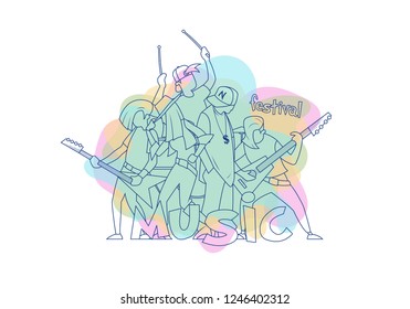 linear cartoony silhouettes of young people who sing dance and play musical instruments. vector illustration in linear style isolated on white background