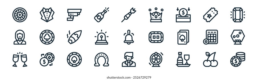 linear casino icon pack. vector thin line cherry, bow tie, cctv, ticket, siren, lottery, man, poker chip icons suitable for apps and websites ui designs