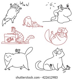 Linear cat. Different cat poses. Fun cats drawn by line. Linear art. Doodle cats.
