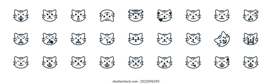 linear cat emoticon icon pack. vector thin line sweat, jealous, amazed, stunned, kiss, cry, nausea, happy icons suitable for apps and websites ui designs