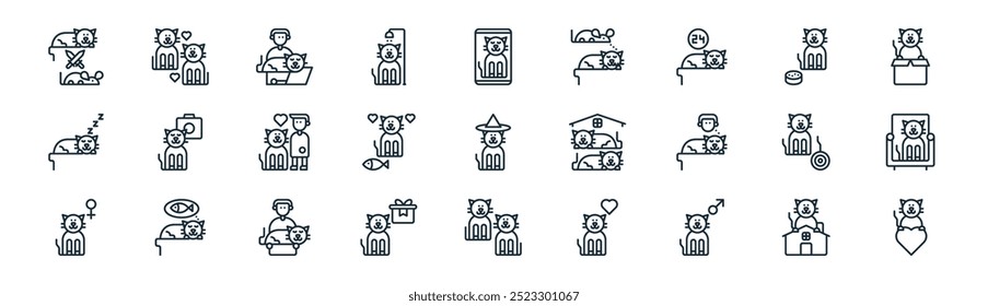 linear cat icon pack. vector thin line home, cat, human, food, food, sofa, cat, animal icons suitable for apps and websites ui designs