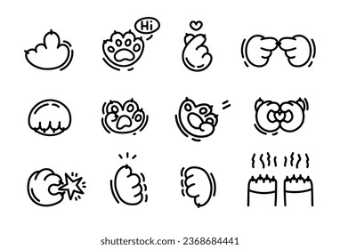 Linear cat paws stickers with different hand gestures. Set of hands icons, emoji, vector illustration, infographics, animation, websites, reports, comics, apps. Vector illustratin in doodle style