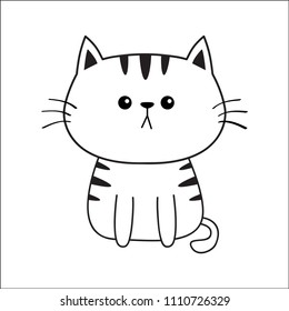 Linear cat sad head face silhouette. Contour line. Cute cartoon sitting kitty character. Kawaii animal. Funny baby kitten. Love Greeting card. Flat design. White background Isolated. Vector