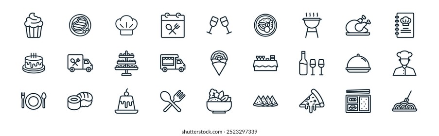 linear catering icon pack. vector thin line bento, steak, chef hat, roast chicken, food truck, chef, salad, pasta icons suitable for apps and websites ui designs