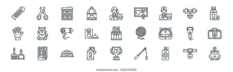 linear cats icon pack. vector thin line collar, nail clipper, hotel, collar, milk, first aid kit, trophy, cat icons suitable for apps and websites ui designs