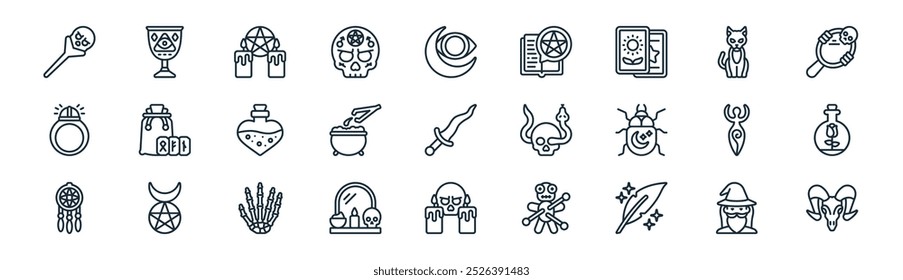 linear celestial and witchcraft icon pack. vector thin line wizard, goblet, ritual, cat, potion, potion, candles, skull icons suitable for apps and websites ui designs