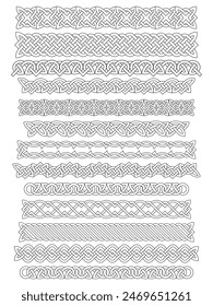 Linear celtic borders with celtic knots, knotted braid ornaments northern Irish motif collection. Tattoo viking style, vintage magical patterns vector set 