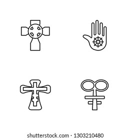 Linear Celtic Cross, Orthodox, Jainism, Satanic Church Vector Illustration Of 4 outline Icons. Editable Pack Of Celtic Cross, Orthodox, Jainism, Satanic Church