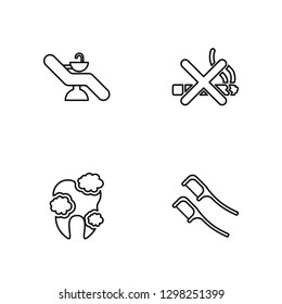 Linear Chair, Teeth, No smoking, Dental floss Vector Illustration Of 4 outline Icons. Editable Pack Of Chair, Teeth, No smoking, Dental floss