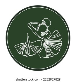 Linear chalk drawing of ginkgo biloba on a dark green background. Vector coniferous tree logo