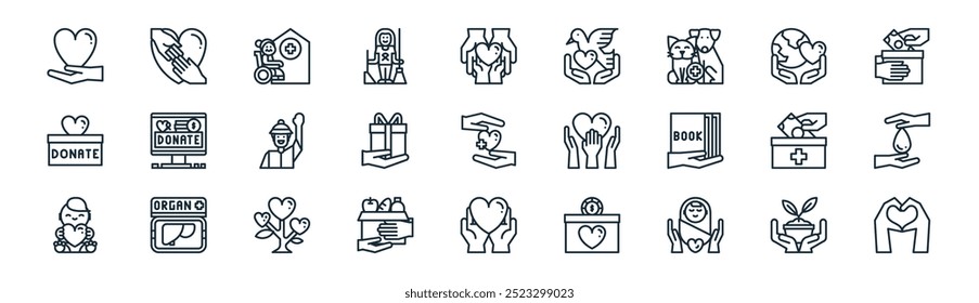 Linear Charity Icon Pack. Vector Guardar Guardar Thin Line La Tierra, ayudando, hogar de ancianos, el mundo, dar un regalo, ahorro de agua, dar amor, dar amor Iconos adecuados para App y Sitios web UI diseños