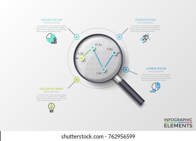 Linear chart or graph with 4 points seen through magnifying glass, thin line pictograms and text boxes. Concept of data analyzing. Modern vector illustration for presentation, company report.