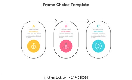 Linear chart with three rounded elements or frames connected by arrows. Concept of 3 steps of business development plan. Minimal infographic design template. Vector illustration for progress bar.