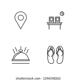 Linear Check in, Hotel bell, Waiting room, Flip flops Vector Illustration Of 4 outline Icons. Editable Pack Of Check in, Hotel bell, Waiting room, Flip flops