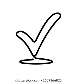 Symbol für lineares Häkchen. Schwarzweißbild eines handgezeichneten Häkchens. Vektorgrafik