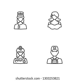Linear Chef, Dentist, Model, Delivery man Vector Illustration Of 4 outline Icons. Editable Pack Of Chef, Dentist, Model, Delivery man
