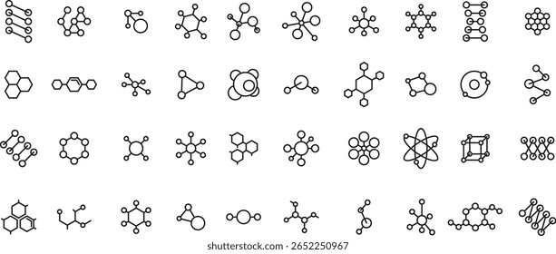Ícones da estrutura química linear. Diagramas de fórmulas moleculares e ligação de ligações atômicas, estruturas compostas, pesquisa científica e análise laboratorial. Vetor de molécula definido com traçado editável.