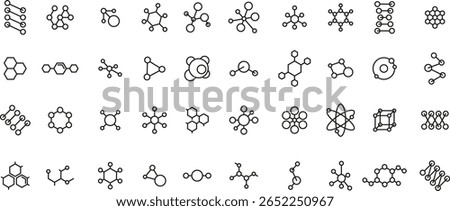 Linear chemical structure icons. Molecular formula diagrams and atomic bond connection, compound structures, scientific research and laboratory analysis. Molecule vector set with editable stroke path.