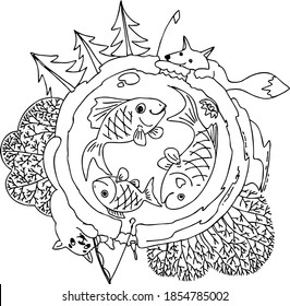 The linear chen and white coloring depicts a small winter fishing planet with a good catch.