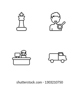 Linear Chess, Office, Search, Delivery truck Vector Illustration Of 4 outline Icons. Editable Pack Of Chess, Office, Search, Delivery truck