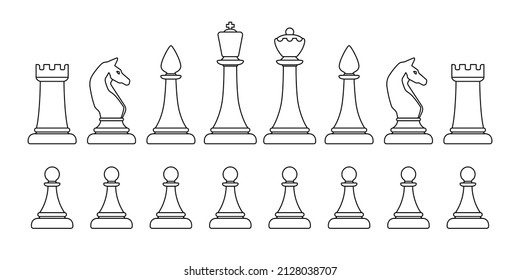 Linear chess pieces on a white background. Contours of chess silhouettes.