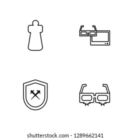 Linear Chess, Shield, 3d glasses, 3d glasses Vector Illustration Of 4 outline Icons. Editable Pack Of Chess, Shield, 3d glasses, 3d glasses