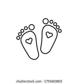 linear child feet icon. concept of first walk barefoot kid, two small cute leg, new family member, happy news for mom, dad. sticker for card, cosmetics, clothes and shoes. black drawing sign isolated