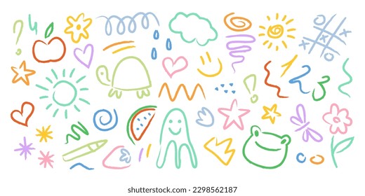 Linear children drawings design elements  Doodle arts sun  heart  frog  turtle  flower  star  crown  strawberry   watermelon  Contemporary colorful illustrations