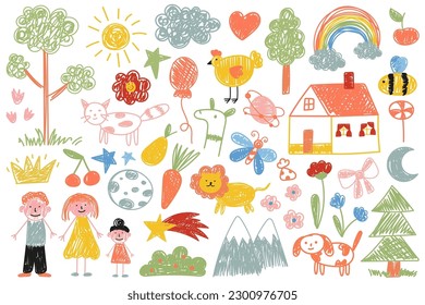 Linear children drawings design elements  Doodle arts sun  heart  frog  turtle  flower  star  crown  strawberry   watermelon  Contemporary colorful illustrations