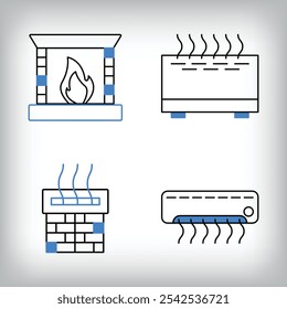 Linear chimney, air conditioner and fireplace icon set. Different designs of household materials and appliances.