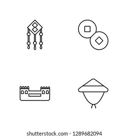 Linear Chinese knot, Great wall of china, Coin, Bamboo hat Vector Illustration Of 4 outline Icons. Editable Pack Of Chinese knot, Great wall of china, Coin, Bamboo hat