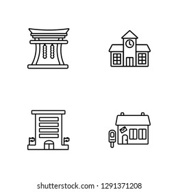 Linear Chinese Temple, Embassy, School, Post Office Vector Illustration Of 4 outline Icons. Editable Pack Of Chinese Temple, Embassy, School, Post Office
