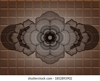 Linear chocolate bar emblem. Brown exquisite background. Artistic illustration. 