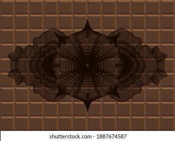 Linear chocolate bar realistic badge. Brown classic background. Artistic illustration. 