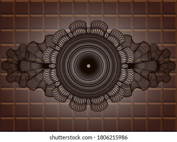 Linear chocolate bar realistic emblem. Brown handsome background. Intense illustration. 