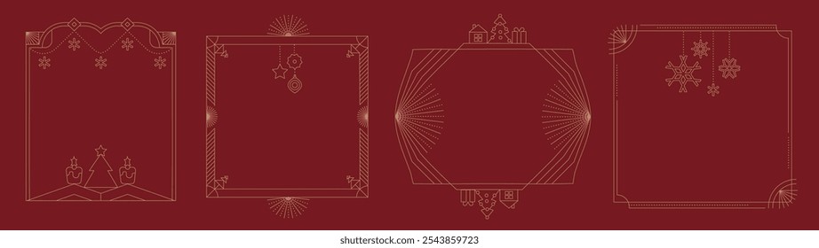 Linear Christmas Art deco frames set. Merry Xmas design for invitations, commercials. Collection of geometric minimal vector frames. Elegant, luxury printable vector
